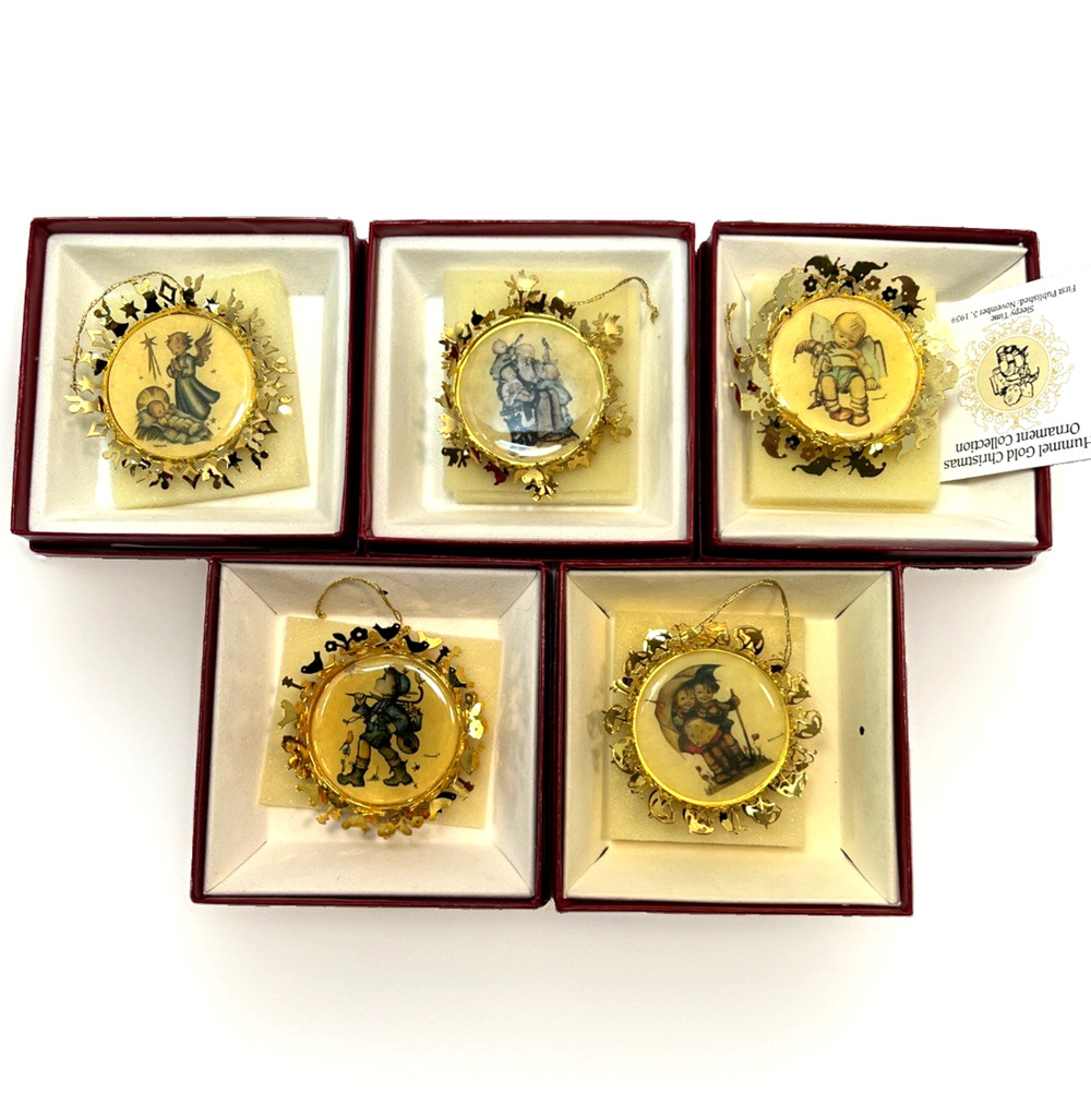 Vintage 1980s Lot Of 5 Hummel Gold Christmas Ornament Collection w/Boxes